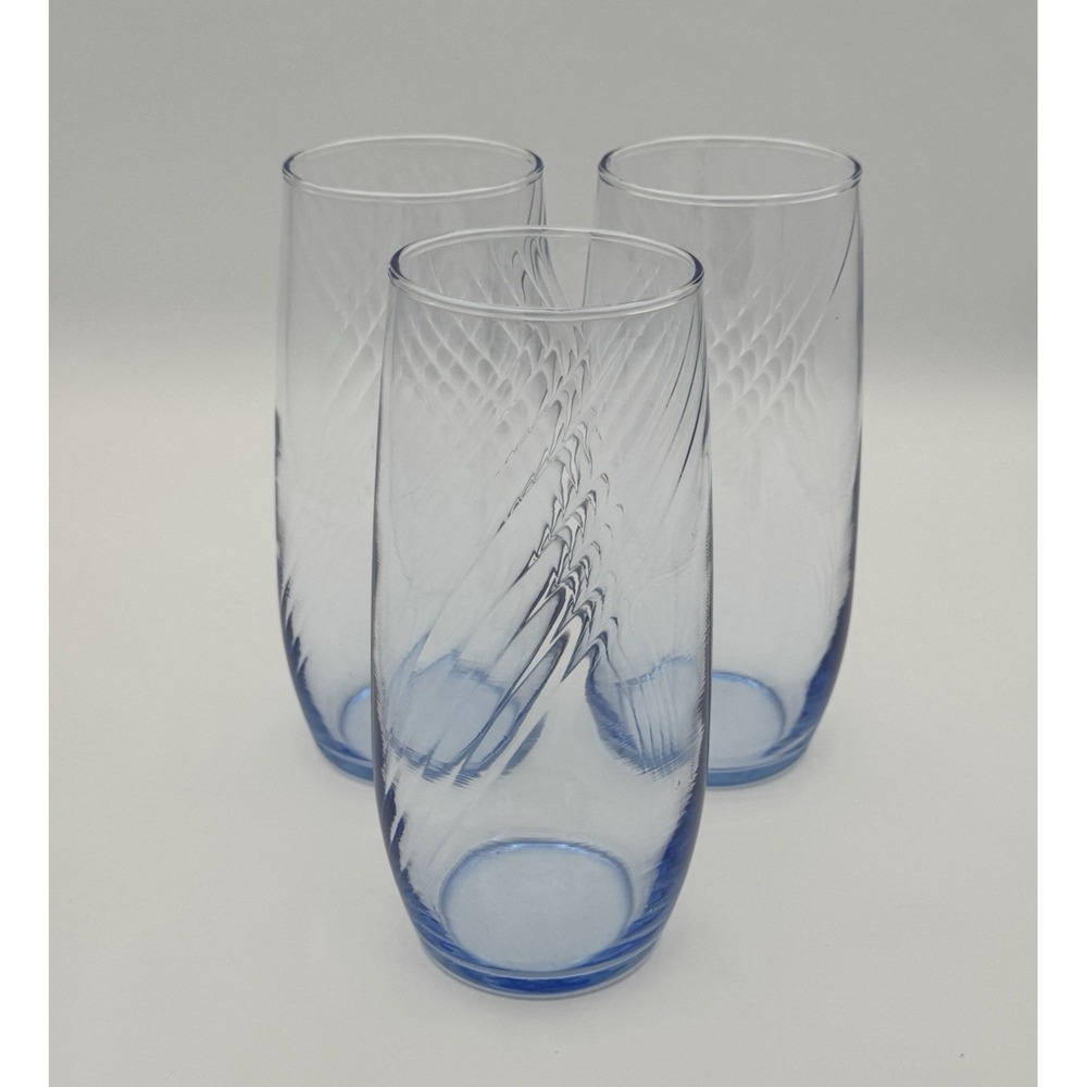 Vintage Light Blue Swirl Highball Tumblers Set of 3 Optic Glasses Barware